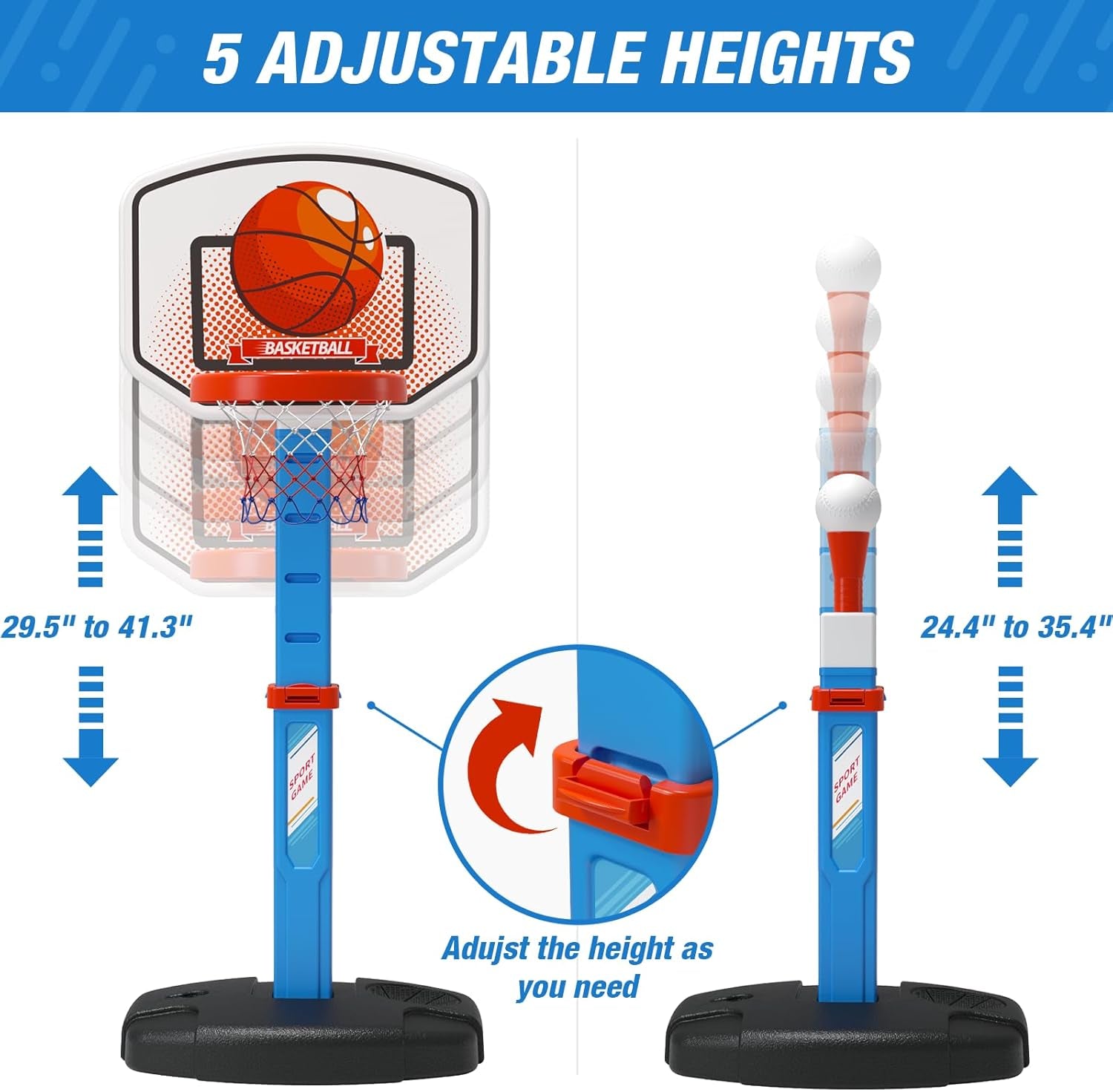 2 in 1 Kids Basketball Hoop and T Ball Set - Adjustable Height, Kids Baseball Tee with Automatic Pitching Machine, Indoor Outdoor Sport Toys Gifts for Toddler Boys Girls Age 1-5, Blue