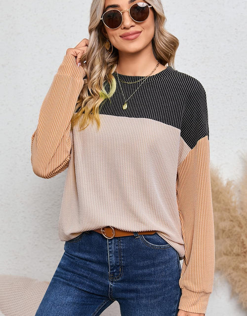 Load image into Gallery viewer, Womens Fashion 2024 Color Block Long Sleeve Crewneck Knitted Casual Loose Pullover Shirts Tops
