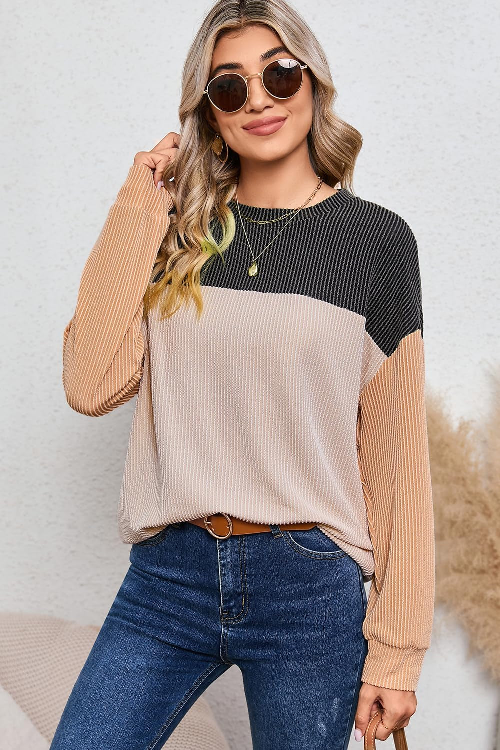 Womens Fashion 2024 Color Block Long Sleeve Crewneck Knitted Casual Loose Pullover Shirts Tops