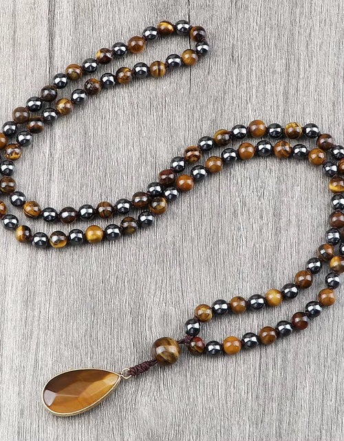 Load image into Gallery viewer, Vintage Design Tiger Eye Stone Necklace Handmade Knotted 6Mm 108 Mala Beads Necklaces Drop Pendant Women Men Yoga Jewelry Gifts
