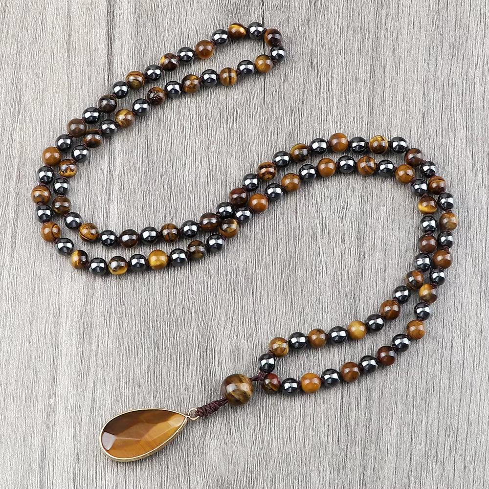 Vintage Design Tiger Eye Stone Necklace Handmade Knotted 6Mm 108 Mala Beads Necklaces Drop Pendant Women Men Yoga Jewelry Gifts