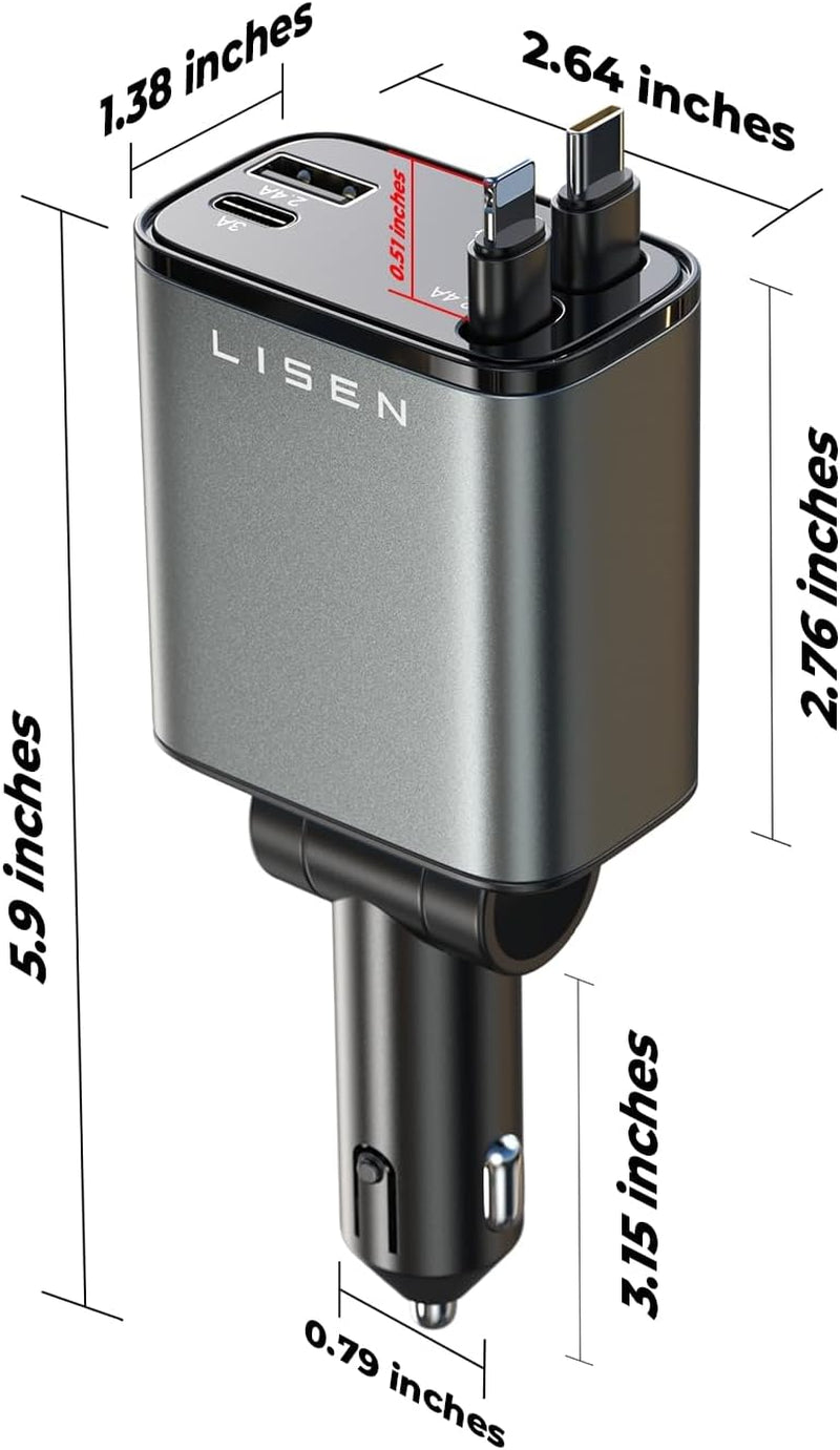 Retractable Car Charger 4 in 1 [69W USB C Car Charger Adapter] Iphone 16 Car Charger Fast Charging, Gift for Men Women, Car Accessories USBC Car Charger for Iphone 16 15 14 13 12 Android, Gray