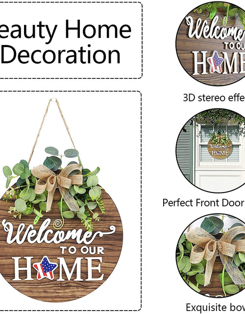 Load image into Gallery viewer, Interchangeable Seasonal Welcome Sign Front Door Decoration, Rustic round Wood Wreaths Wall Hanging Outdoor, Farmhouse, Porch, for Spring Summer Fall All Seasons Holiday Halloween Christmas.
