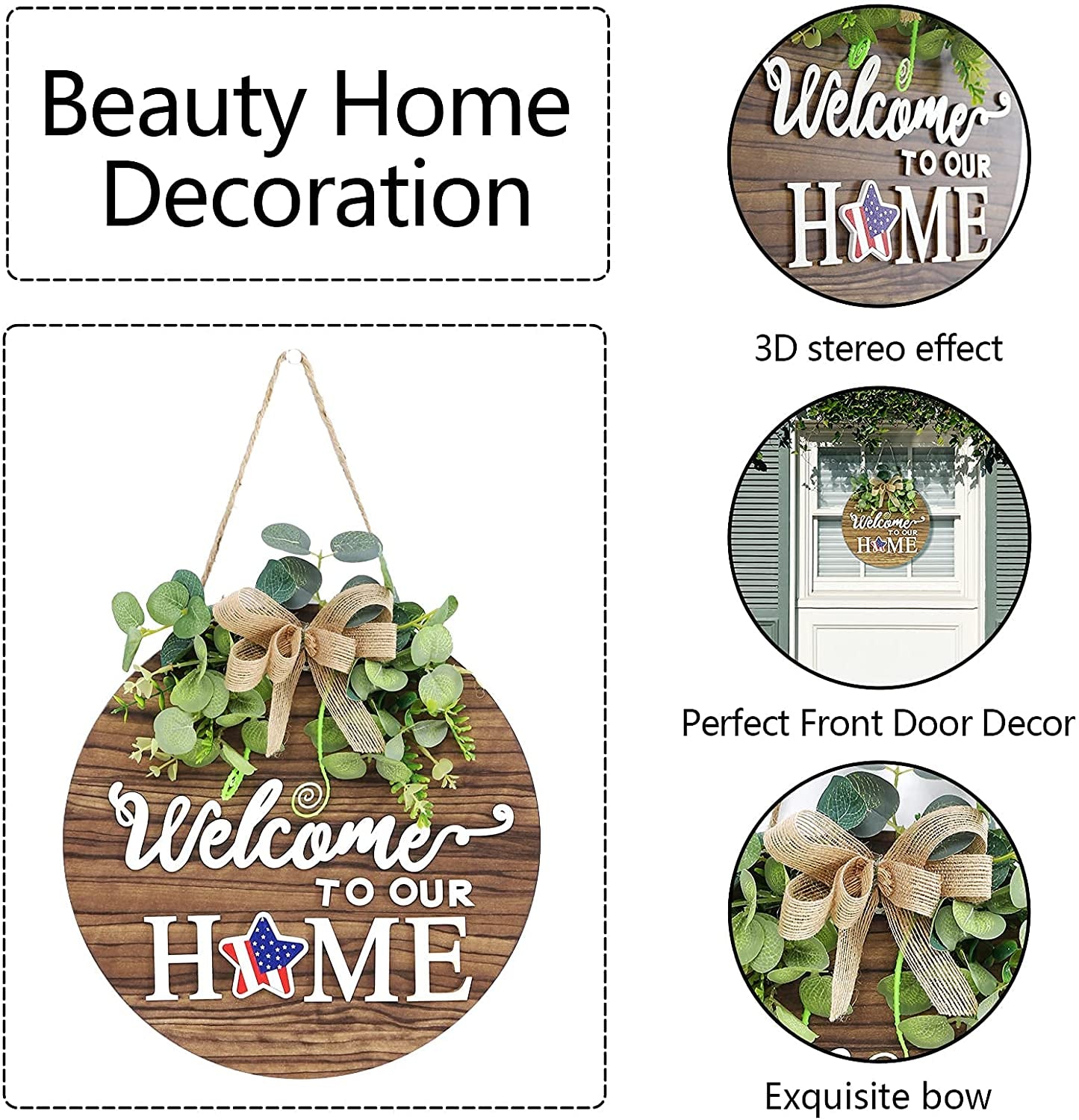 Interchangeable Seasonal Welcome Sign Front Door Decoration, Rustic round Wood Wreaths Wall Hanging Outdoor, Farmhouse, Porch, for Spring Summer Fall All Seasons Holiday Halloween Christmas.