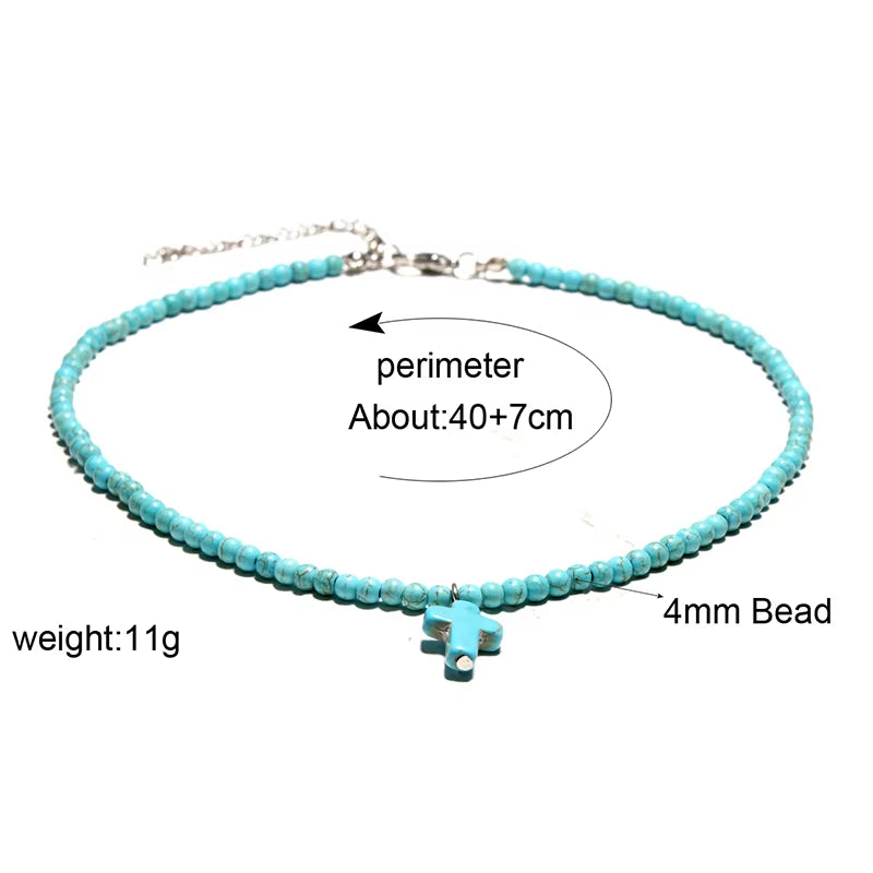 Women Bohemian Necklace 16 Inch Choker Collar 4Mm Stone Beads Cross Colar Girlfriend Gift Beach Jewelry Accessories