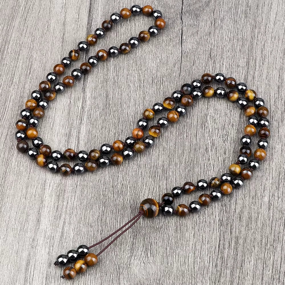 Vintage Design Tiger Eye Stone Necklace Handmade Knotted 6Mm 108 Mala Beads Necklaces Drop Pendant Women Men Yoga Jewelry Gifts