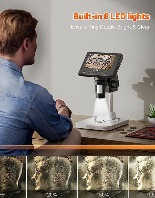 Load image into Gallery viewer, Microscope, LCD Digital Coin Microscope 1000X, Coin Magnifier with 8 Adjustable LED Lights, PC View Compatible with Windows/Macbook, EDM4, 4.3 Inch
