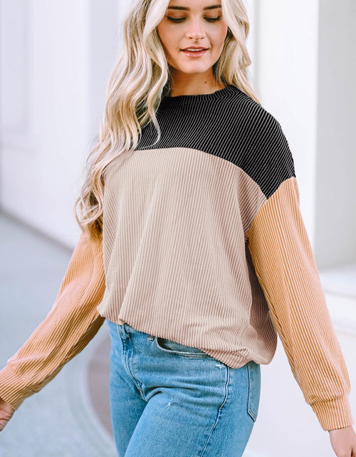 Load image into Gallery viewer, Womens Fashion 2024 Color Block Long Sleeve Crewneck Knitted Casual Loose Pullover Shirts Tops
