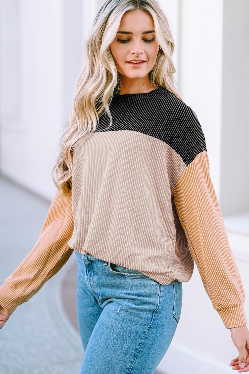 Womens Fashion 2024 Color Block Long Sleeve Crewneck Knitted Casual Loose Pullover Shirts Tops