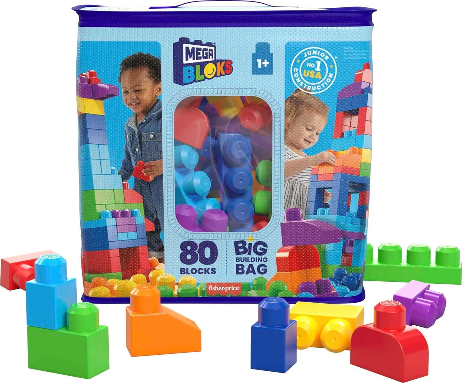 BLOKS First Builders Toddler Blocks Toys Set, Big Building Bag with 80 Pieces and Storage, Blue, Ages 1+ Years