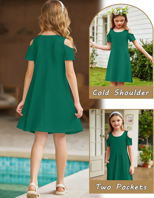 Load image into Gallery viewer, Girls Summer Dress Short Sleeve Cold Shoulder Solid Color Swing Casual Dresses with Pockets
