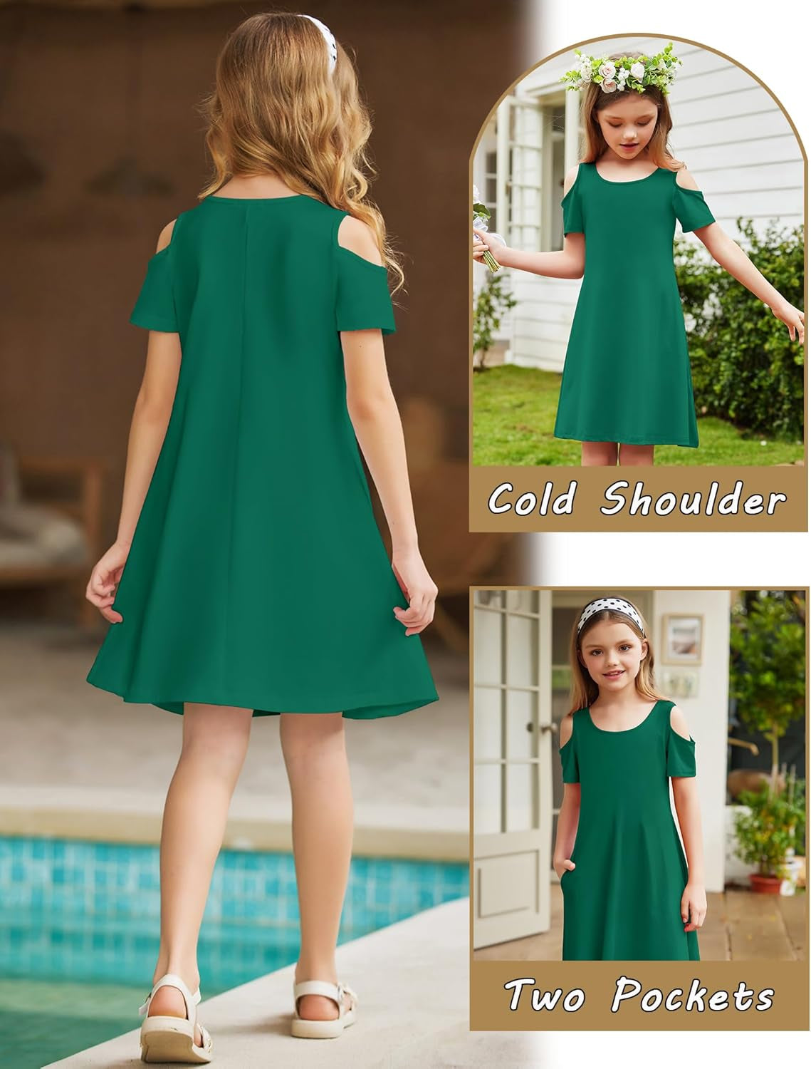 Girls Summer Dress Short Sleeve Cold Shoulder Solid Color Swing Casual Dresses with Pockets