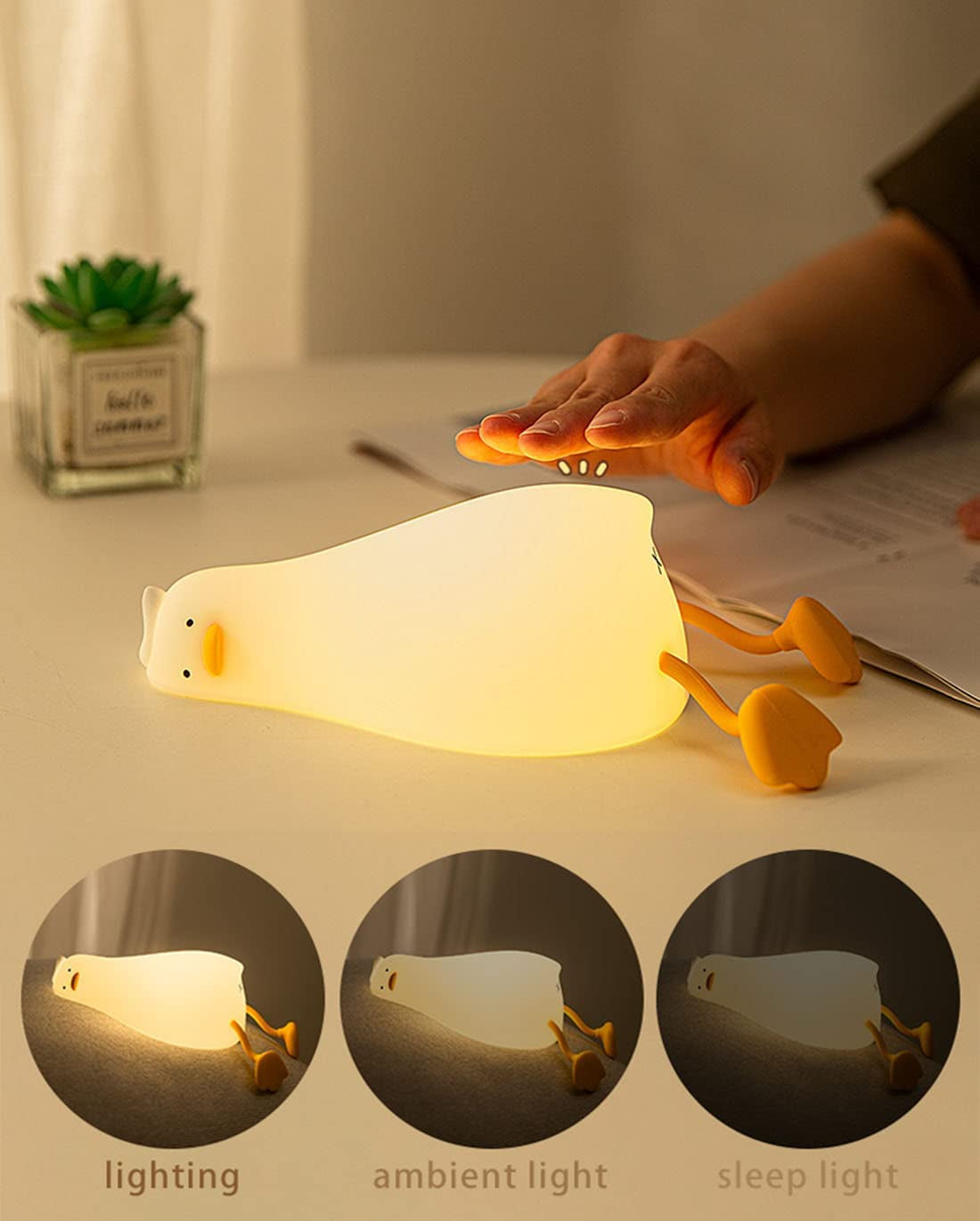 LED Lying Flat Duck Night Light, 3 Level Dimmable Nursery Nightlight,Cute Lamps Silicone Squishy Light up Duck,Rechargeable Bedside Touch Lamp for Breastfeeding Toddler Baby Kids Decor