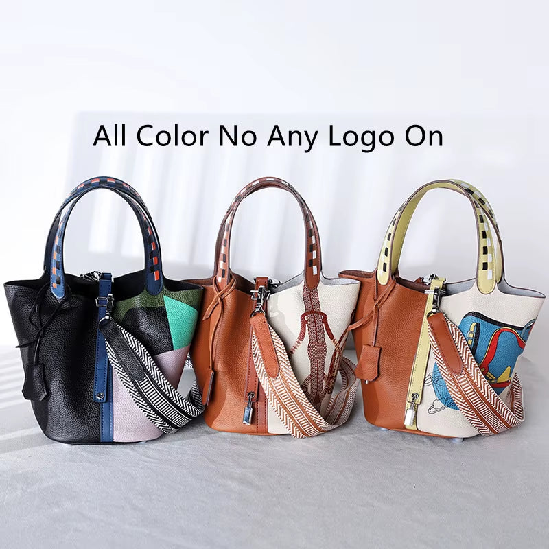 Various Genuine Leather Luxury Bag Fashion  Vegetable Basket Style Portable Women Bucket Bag with Lock