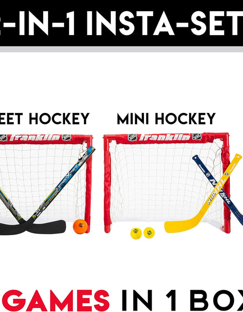 Load image into Gallery viewer, - NHL Kids Folding Hockey Goals Set - (2) Street Hockey &amp; Knee Hockey Goals - (2) Adjustable Youth Hockey Sticks, (2) Knee Hockey Sticks, (2) Mini Hockey Balls + (1) Street Hockey Ball
