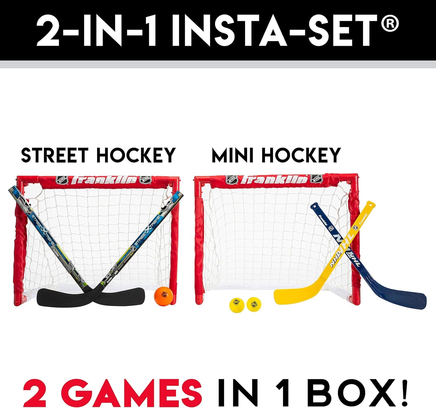 - NHL Kids Folding Hockey Goals Set - (2) Street Hockey & Knee Hockey Goals - (2) Adjustable Youth Hockey Sticks, (2) Knee Hockey Sticks, (2) Mini Hockey Balls + (1) Street Hockey Ball