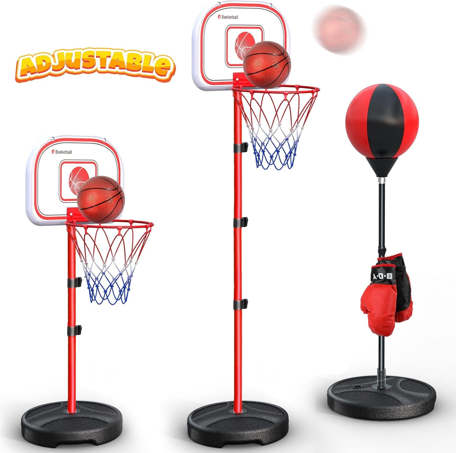 2 in 1 Kids Basketball Hoop and Punching Bag,Adjustable Stand with Boxing Gloves, Christmas Birthday Gifts for 2 3 4 5 6 7 8 Years Old Boys Girls,Indoor and Outdoor Toys