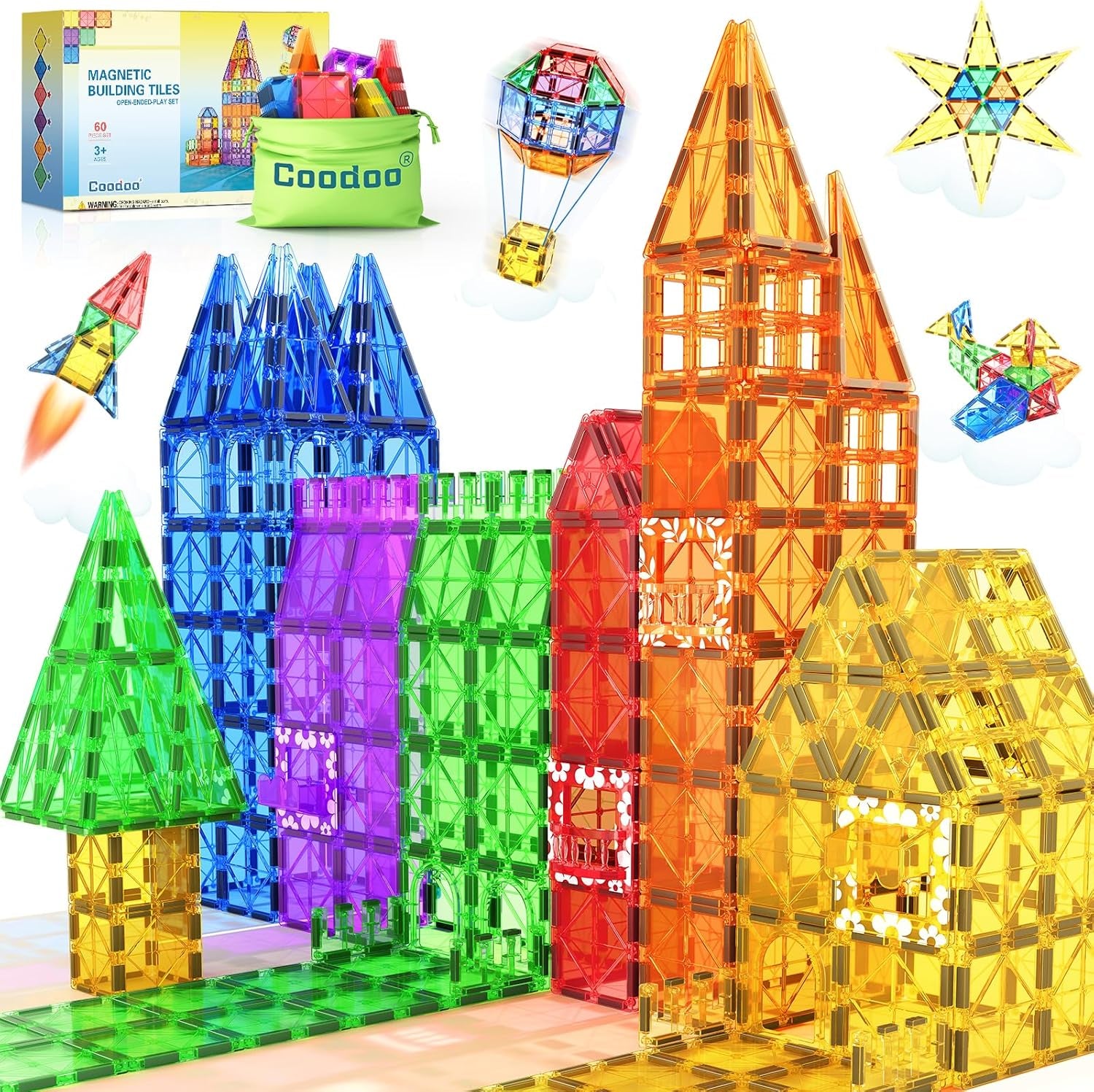 60 PCS Magnetic Building Tiles Kids Toys STEM Magnetic Blocks Sensory Toys Kids Games Magnet Building Toys for Boys and Girls Aged 3+, Kids Brain Development Preschool Kindergarten Toddler Toys