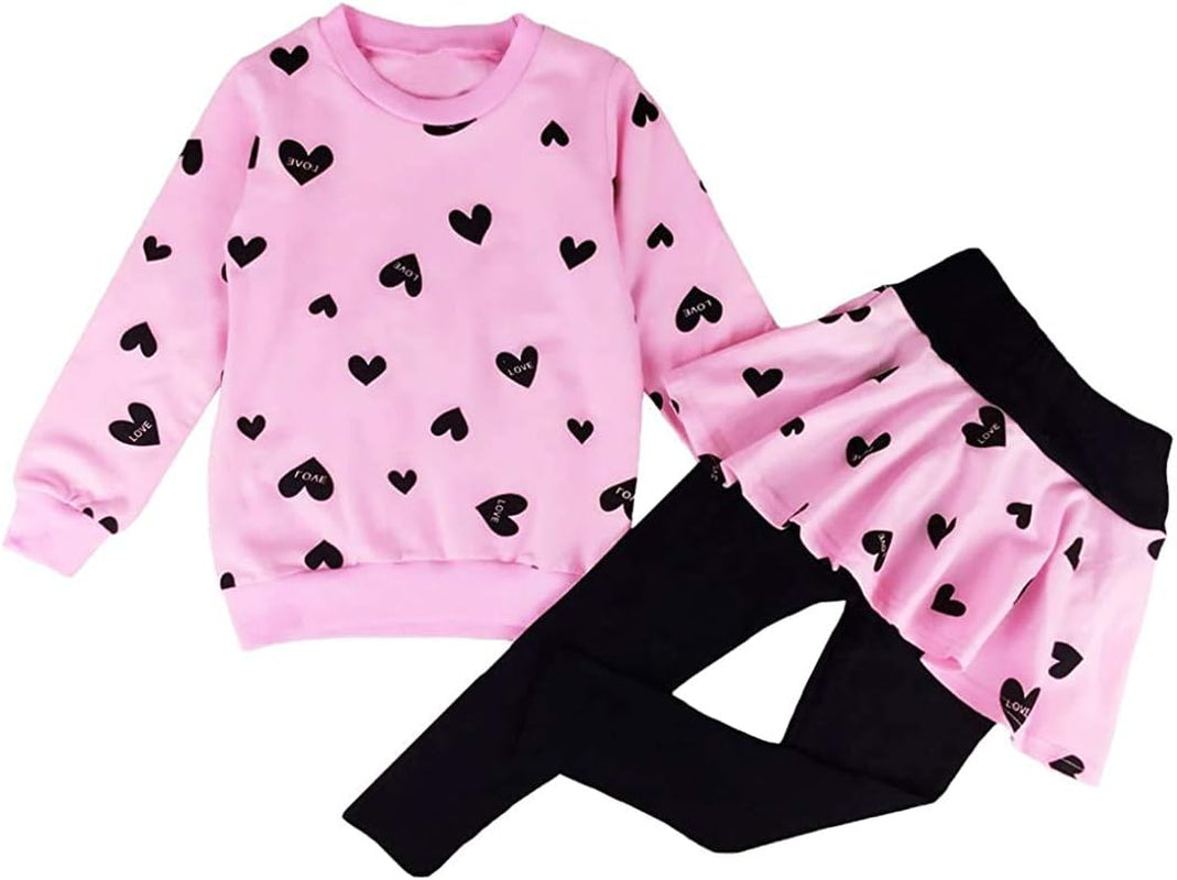 Little Girls Clothing Set Outfit Heart Print Sweatshirt Top + Long Pantskirts 2Pcs Baby Pant Set for Toddlers and Kids