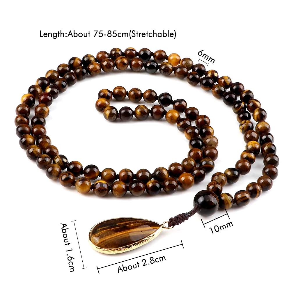 Vintage Design Tiger Eye Stone Necklace Handmade Knotted 6Mm 108 Mala Beads Necklaces Drop Pendant Women Men Yoga Jewelry Gifts