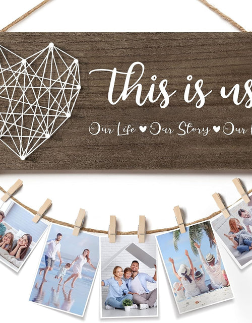 Load image into Gallery viewer, Christmas Gifts for Mom Women, Housewarming Gifts New Home Wall Decor Sign, This Is Us Family Picture Frame Wedding Gifts for Couples Farmhouse Rustic Wood Hanging Photo Holder, Gift for New Homeowner
