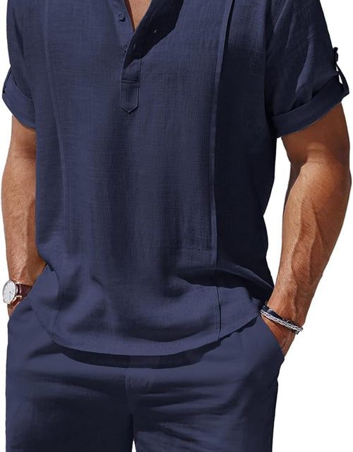 Load image into Gallery viewer, Men&#39;S 2 Pieces Linen Set Henley Shirt Short Sleeve and Shorts Summer Beach Yoga Matching Outfits
