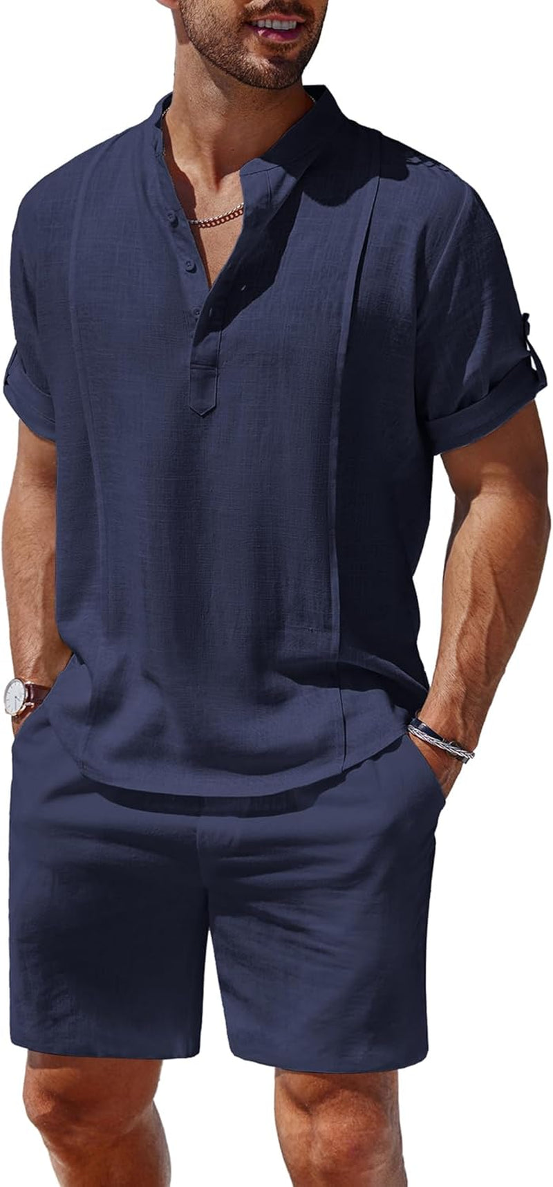 Men'S 2 Pieces Linen Set Henley Shirt Short Sleeve and Shorts Summer Beach Yoga Matching Outfits