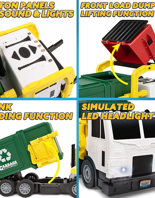 Load image into Gallery viewer, Large Friction Powered Garbage Truck Toy Set, Includes Dumpster, Trash Bins, and Learning Cards for Kids
