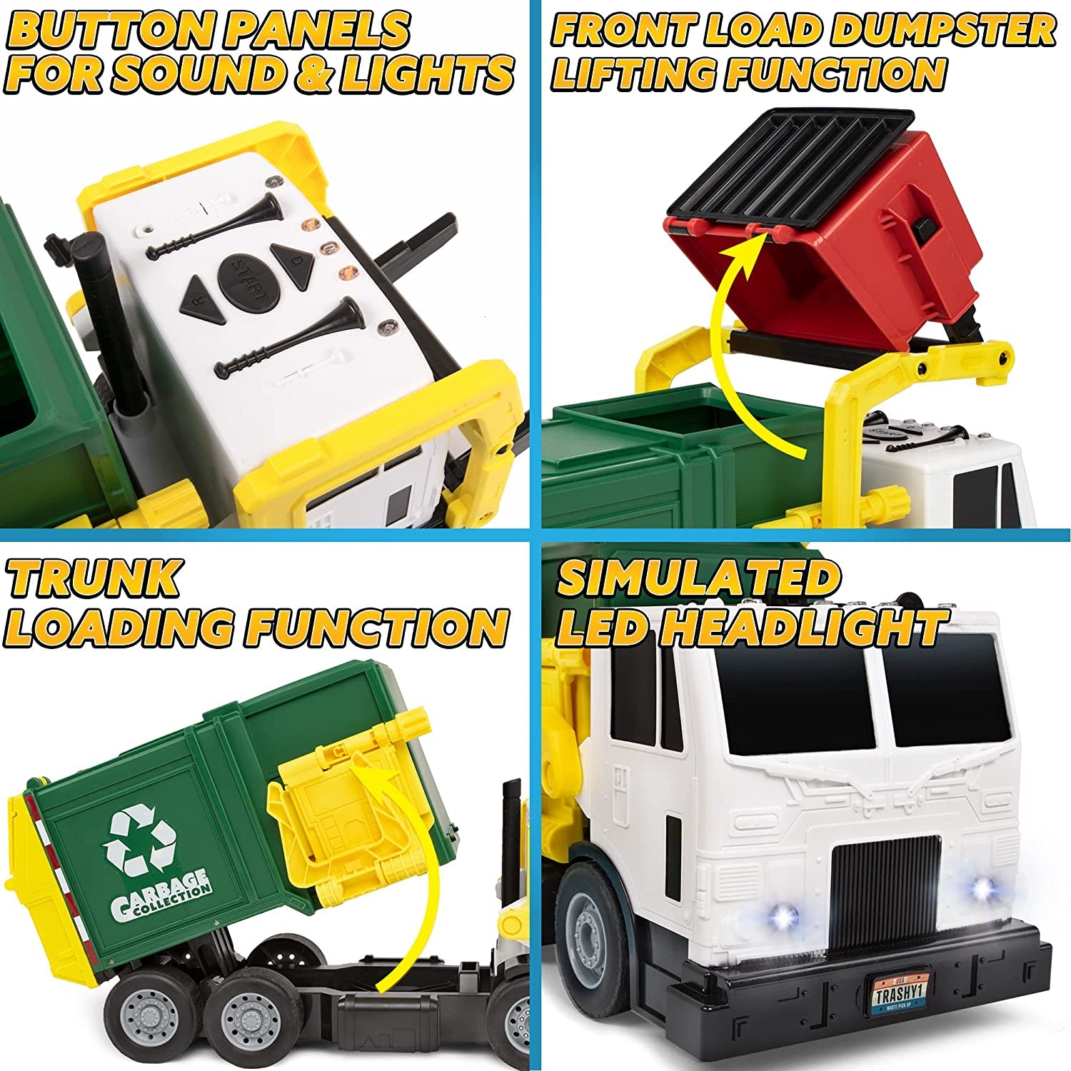 Large Friction Powered Garbage Truck Toy Set, Includes Dumpster, Trash Bins, and Learning Cards for Kids