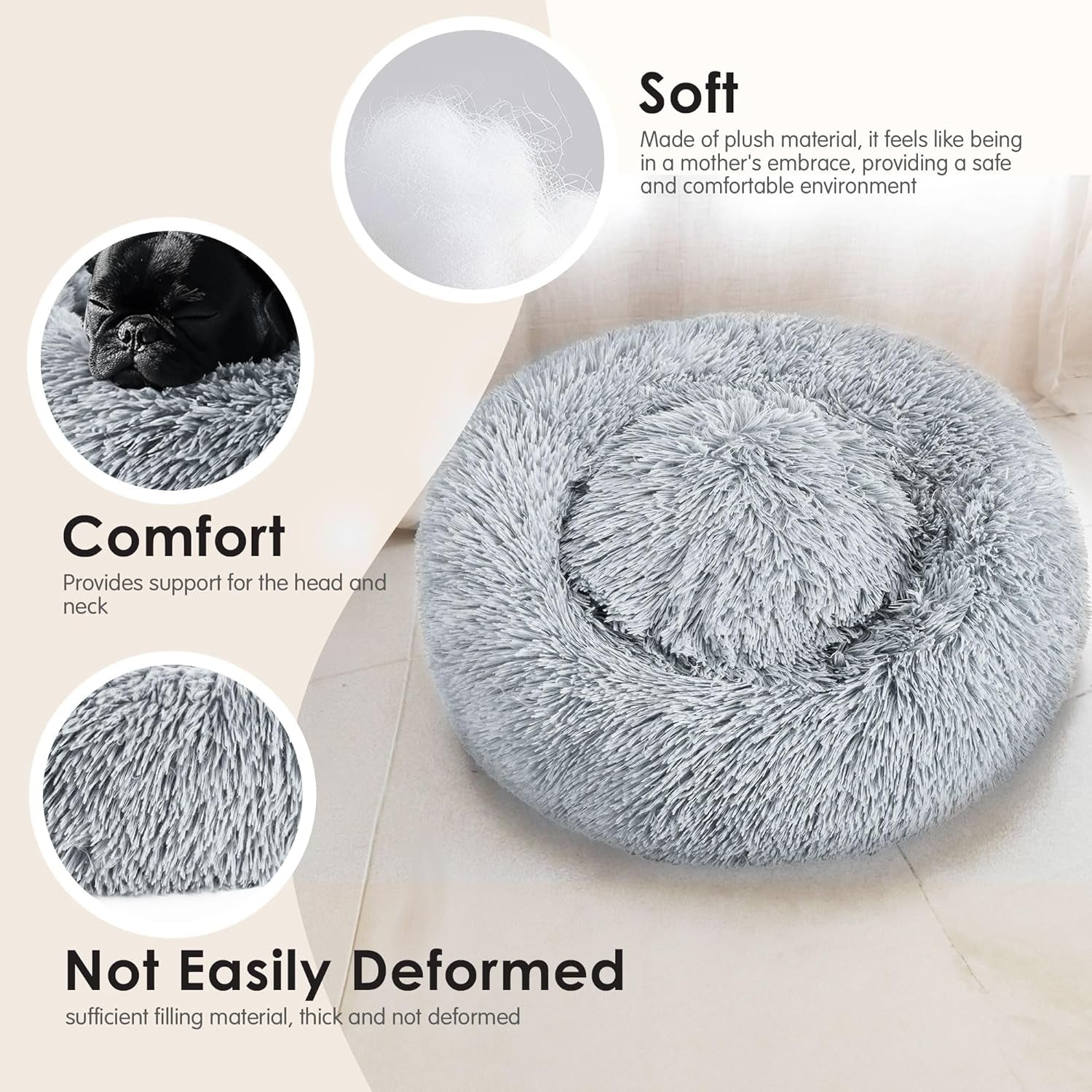 Dog & Cat Bed, 20In Cat Beds for Indoor Cats, Calming Donut Bed for Puppy and Kitten, Washable round Fluffy Pet Bed for Small Medium Dogs and Cats (Light Grey)