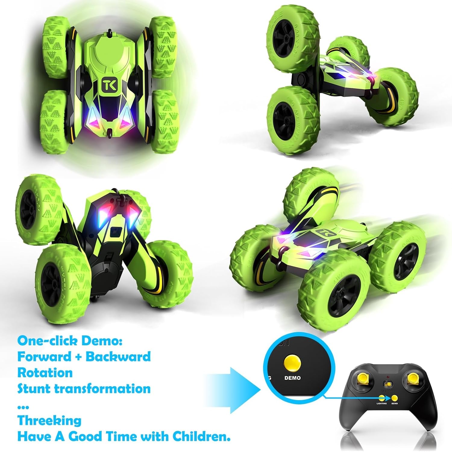 RC Stunt Cars Remote Control Car Double-Sided Driving 360-Degree Flips Rotating Car Toy, Green