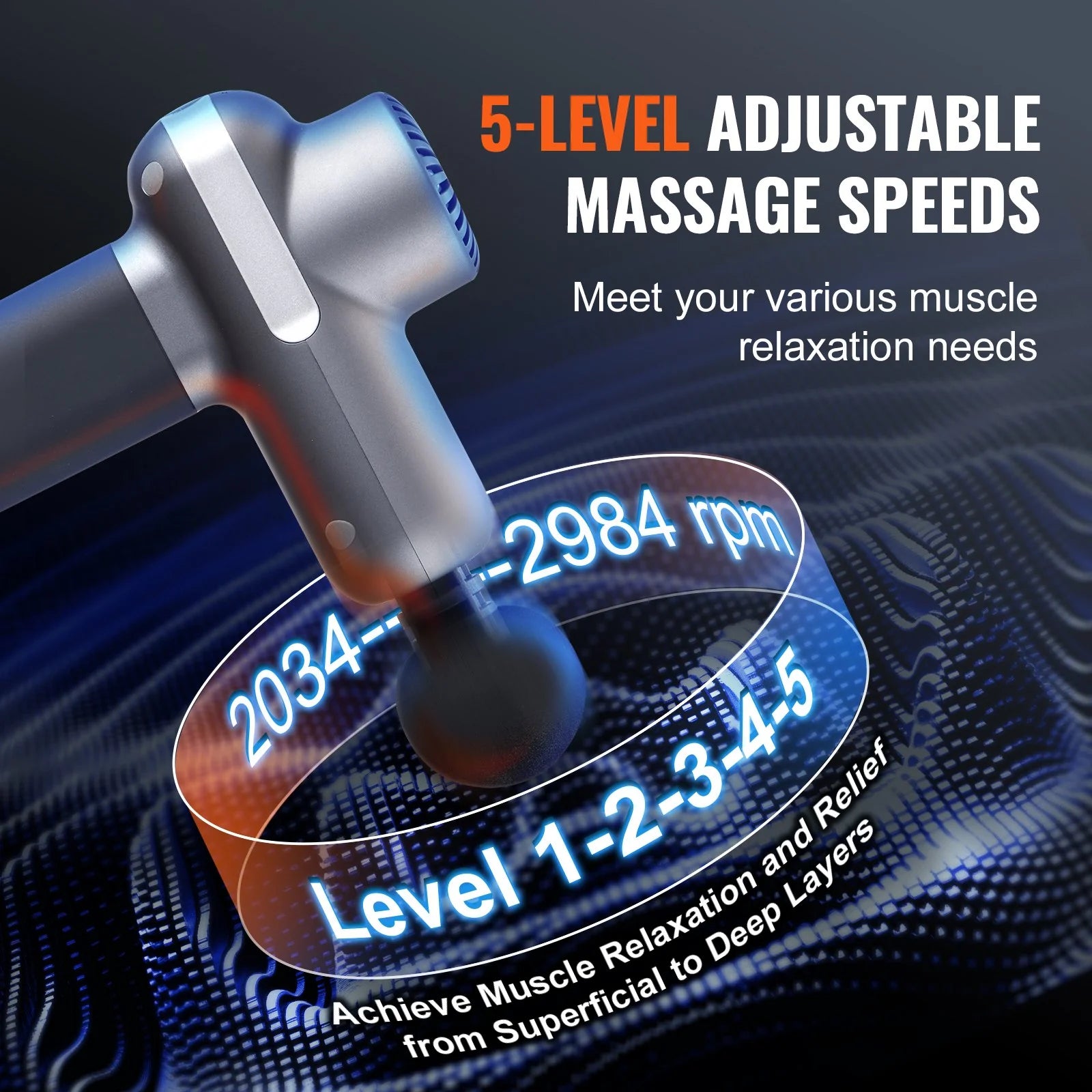 VEVOR Professional Deep Tissue Massage Gun - Percussion Muscle Massager for Athletes with 5 Speed Levels, 6 Interchangeable Massage Heads, 7.4V 2500mAh Battery, Handheld Electric Device for Pain Relief and Muscle Relaxation