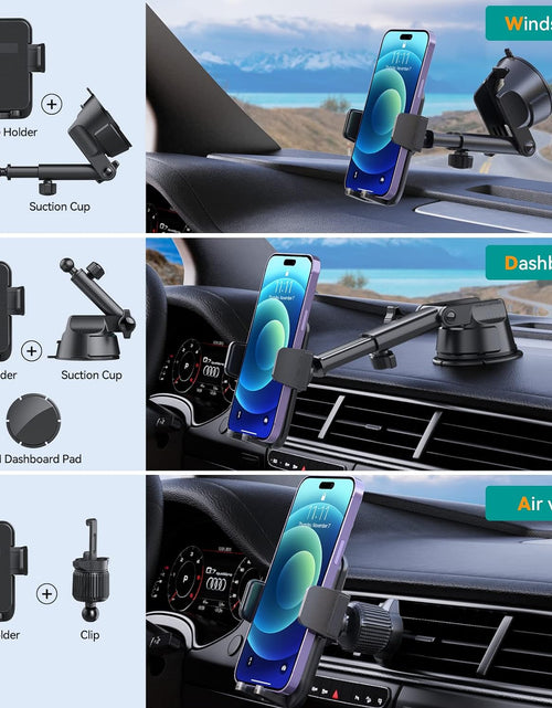 Load image into Gallery viewer, Car Phone Holder Mount, [Military-Grade Suction &amp; Super Sturdy Base] 3 in 1 Universal Phone Mount for Car Dashboard Windshield Air Vent Hands Free Car Mount for Iphone Android Smartphone
