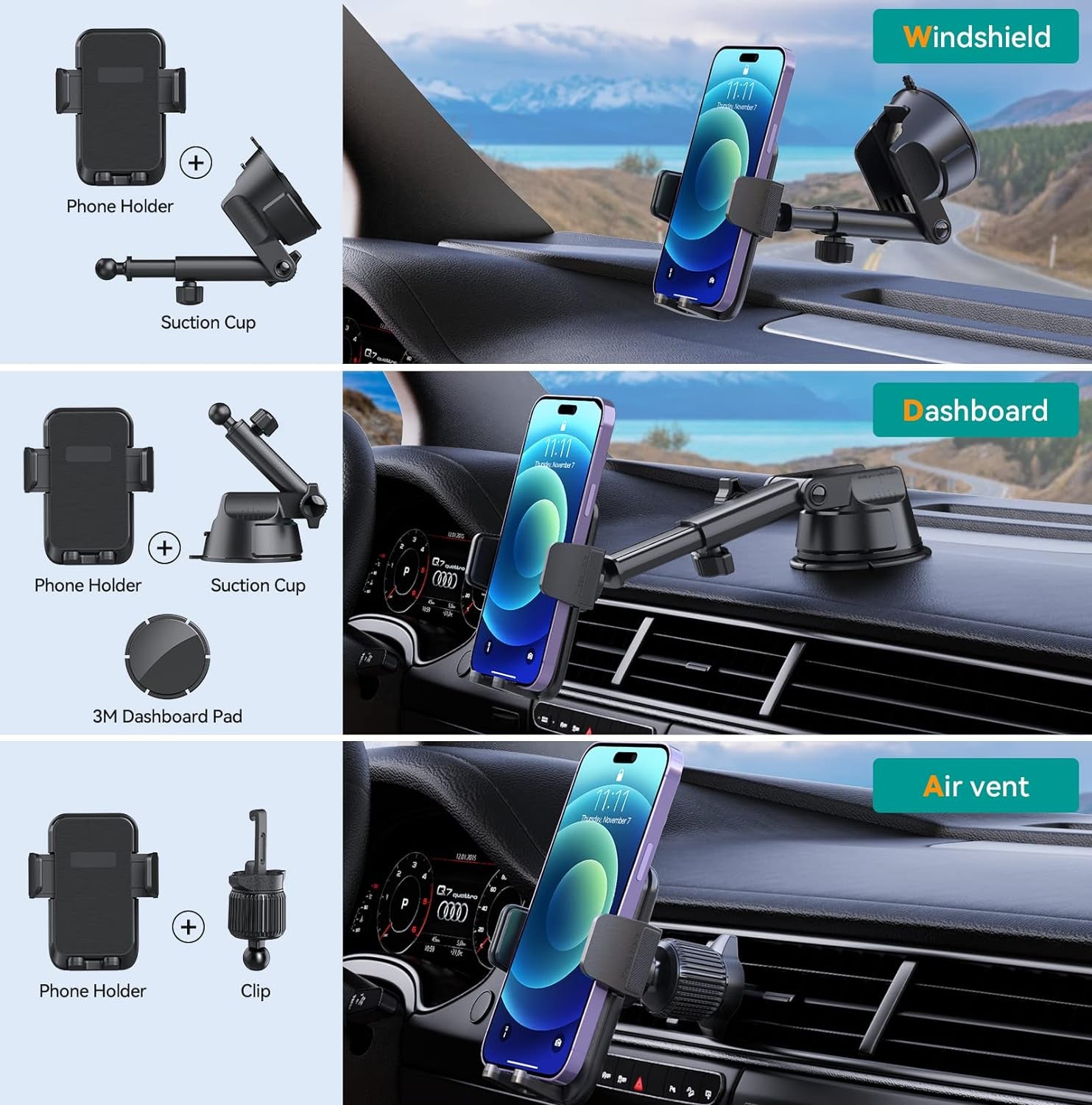 Car Phone Holder Mount, [Military-Grade Suction & Super Sturdy Base] 3 in 1 Universal Phone Mount for Car Dashboard Windshield Air Vent Hands Free Car Mount for Iphone Android Smartphone