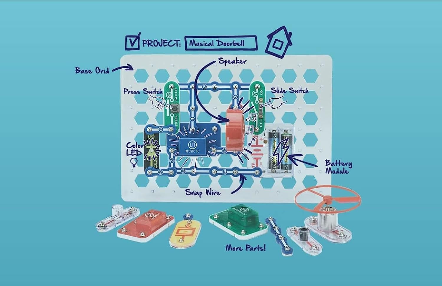 Jr. SC-100 Electronics Exploration Kit, over 100 Projects, Full Color Project Manual, 28 Parts, STEM Educational Toy for Kids 8 +