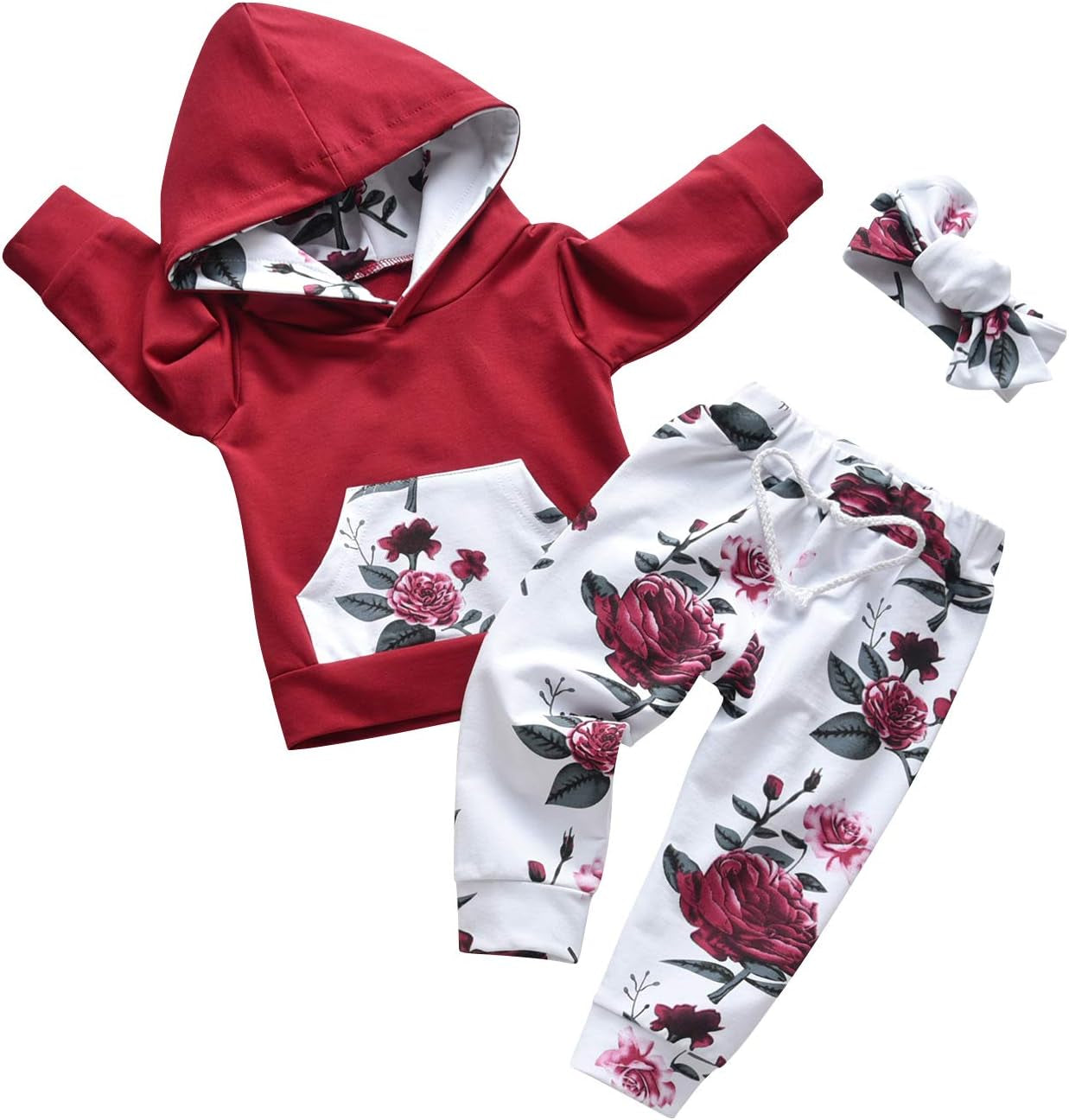 Baby Girl Clothes Long Sleeve Floral Hoodie Sweatshirt Pants with Pocket Headband Outfit Sets