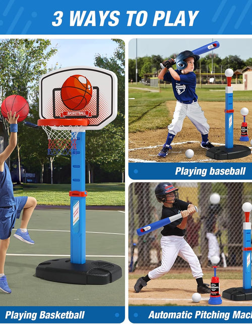 Load image into Gallery viewer, 2 in 1 Kids Basketball Hoop and T Ball Set - Adjustable Height, Kids Baseball Tee with Automatic Pitching Machine, Indoor Outdoor Sport Toys Gifts for Toddler Boys Girls Age 1-5, Blue
