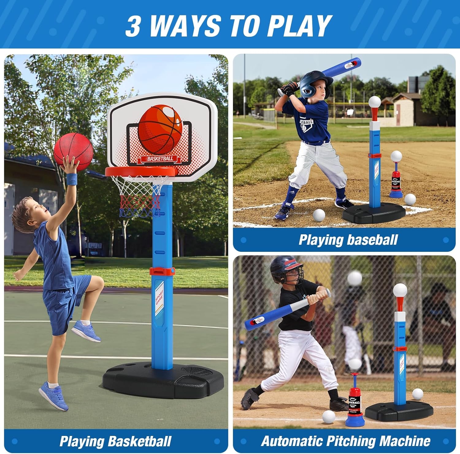 2 in 1 Kids Basketball Hoop and T Ball Set - Adjustable Height, Kids Baseball Tee with Automatic Pitching Machine, Indoor Outdoor Sport Toys Gifts for Toddler Boys Girls Age 1-5, Blue