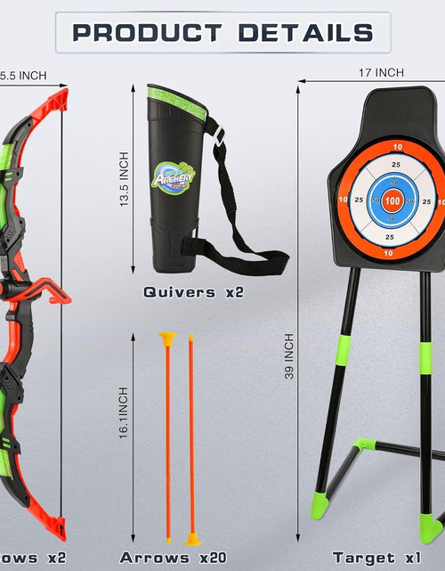 Load image into Gallery viewer, Bow and Arrow Set for Kids, 2-Pack LED Light up Archery Set with 20 Suction Cup Arrows, Outdoor Toy for Boy Girl Age 4-8 8-12 with Standing Target&amp;2 Quivers, Birthday Gift for Kid 5 6 7 8 9 Year Old
