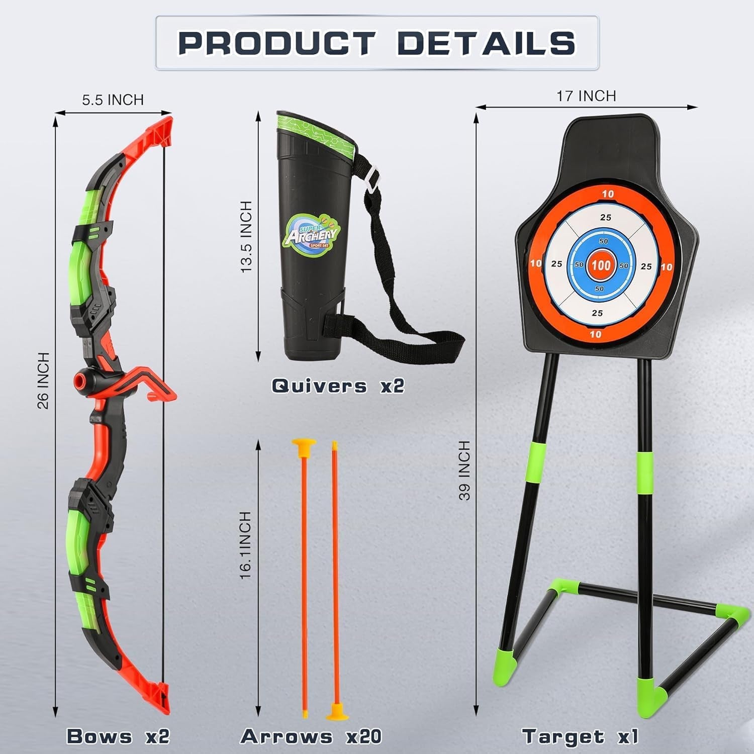 Bow and Arrow Set for Kids, 2-Pack LED Light up Archery Set with 20 Suction Cup Arrows, Outdoor Toy for Boy Girl Age 4-8 8-12 with Standing Target&2 Quivers, Birthday Gift for Kid 5 6 7 8 9 Year Old