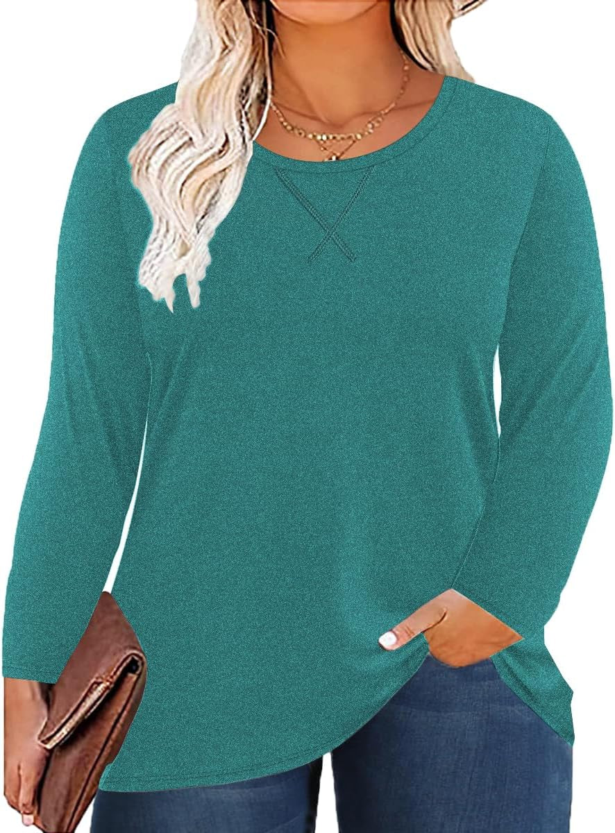 Women'S plus Size Long Sleeve round Neck Tunics Tops Casual Loose Fit T Shirt Blouse