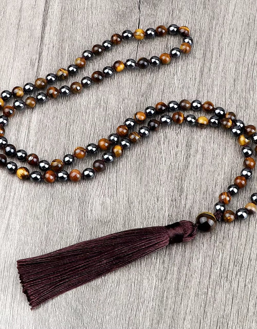 Load image into Gallery viewer, Vintage Design Tiger Eye Stone Necklace Handmade Knotted 6Mm 108 Mala Beads Necklaces Drop Pendant Women Men Yoga Jewelry Gifts
