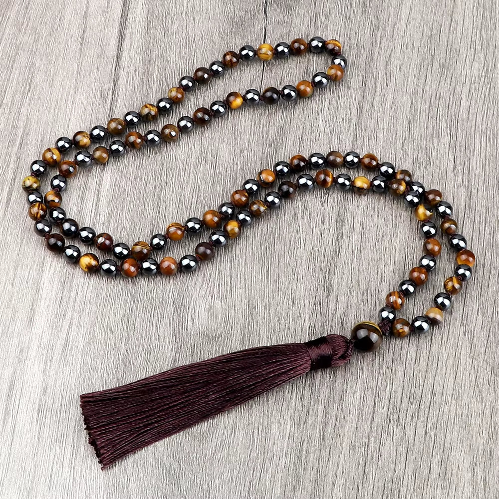 Vintage Design Tiger Eye Stone Necklace Handmade Knotted 6Mm 108 Mala Beads Necklaces Drop Pendant Women Men Yoga Jewelry Gifts