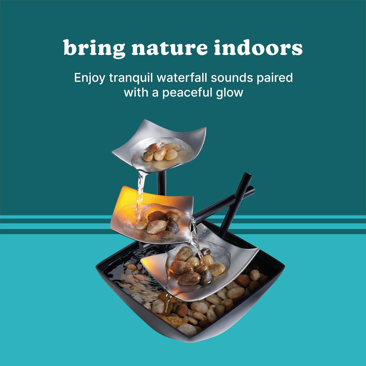 Tabletop Water Fountain, Home Décor Soothing Sound Machine - Automatic Pump, Deep Basin & Natural River Rocks. Indoor Zen Relaxation for Office, Living Room, or Bedroom, 8.25” Tall