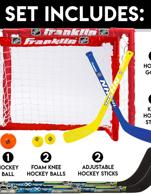 Load image into Gallery viewer, - NHL Kids Folding Hockey Goals Set - (2) Street Hockey &amp; Knee Hockey Goals - (2) Adjustable Youth Hockey Sticks, (2) Knee Hockey Sticks, (2) Mini Hockey Balls + (1) Street Hockey Ball
