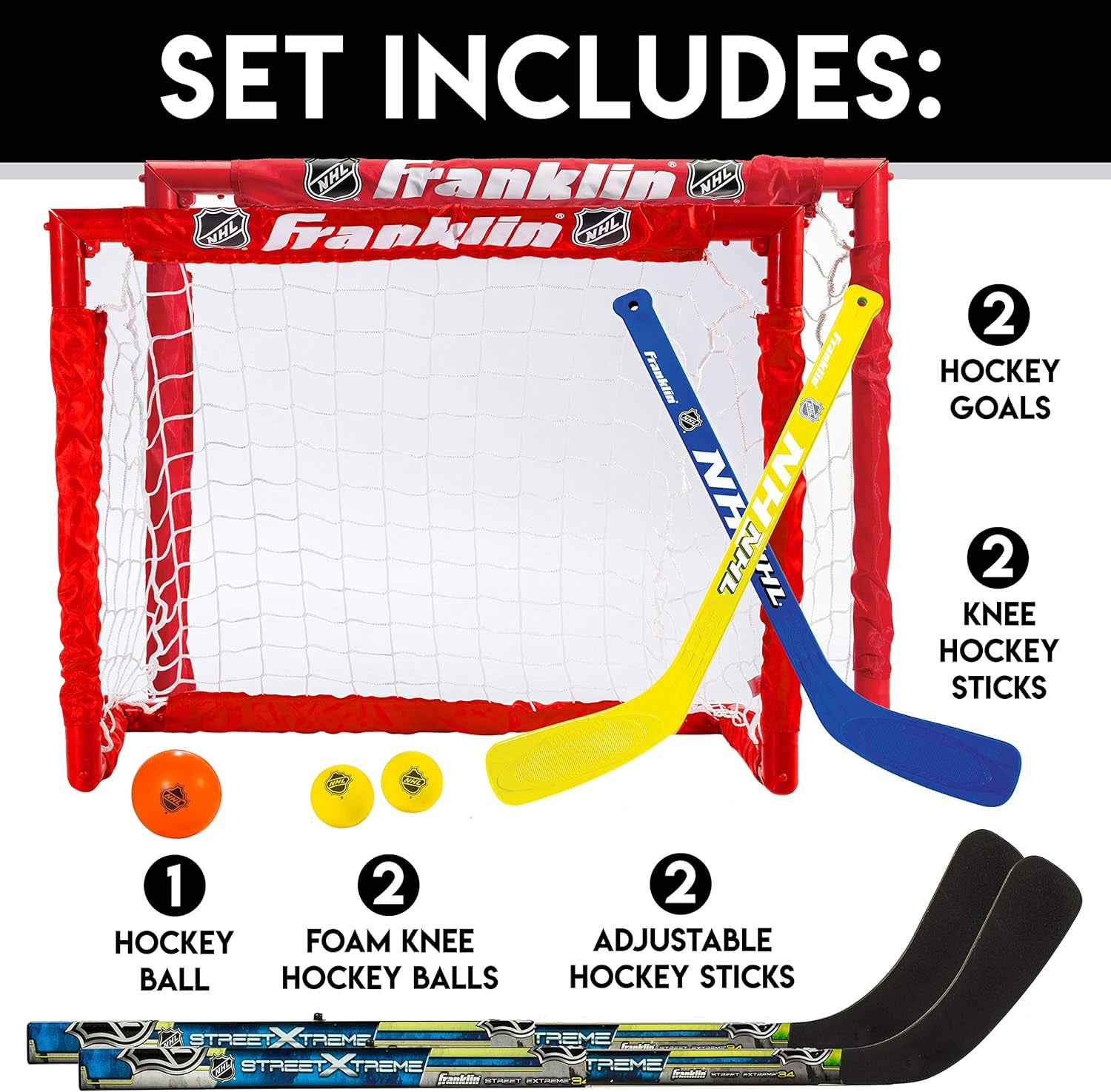 - NHL Kids Folding Hockey Goals Set - (2) Street Hockey & Knee Hockey Goals - (2) Adjustable Youth Hockey Sticks, (2) Knee Hockey Sticks, (2) Mini Hockey Balls + (1) Street Hockey Ball