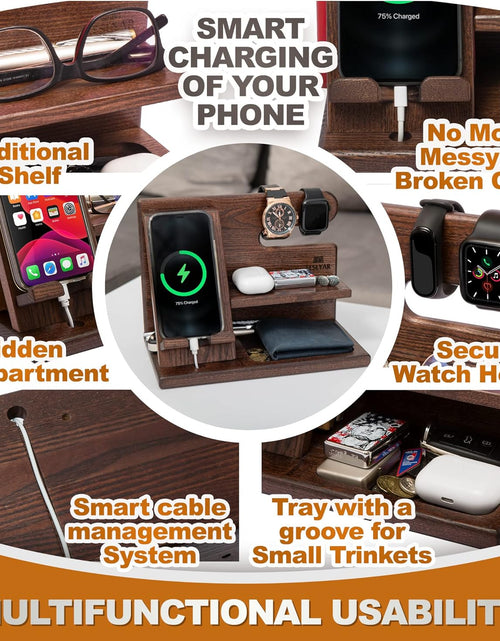 Load image into Gallery viewer, Wood Phone Docking Station - Nightstand Organizer - Desk Organizer for Husband - Birthday Gifts for Men, Dad - Idea for Anniversary from Wife - Key Holder - Stand Wallet &amp; Watch (Deep Brown)
