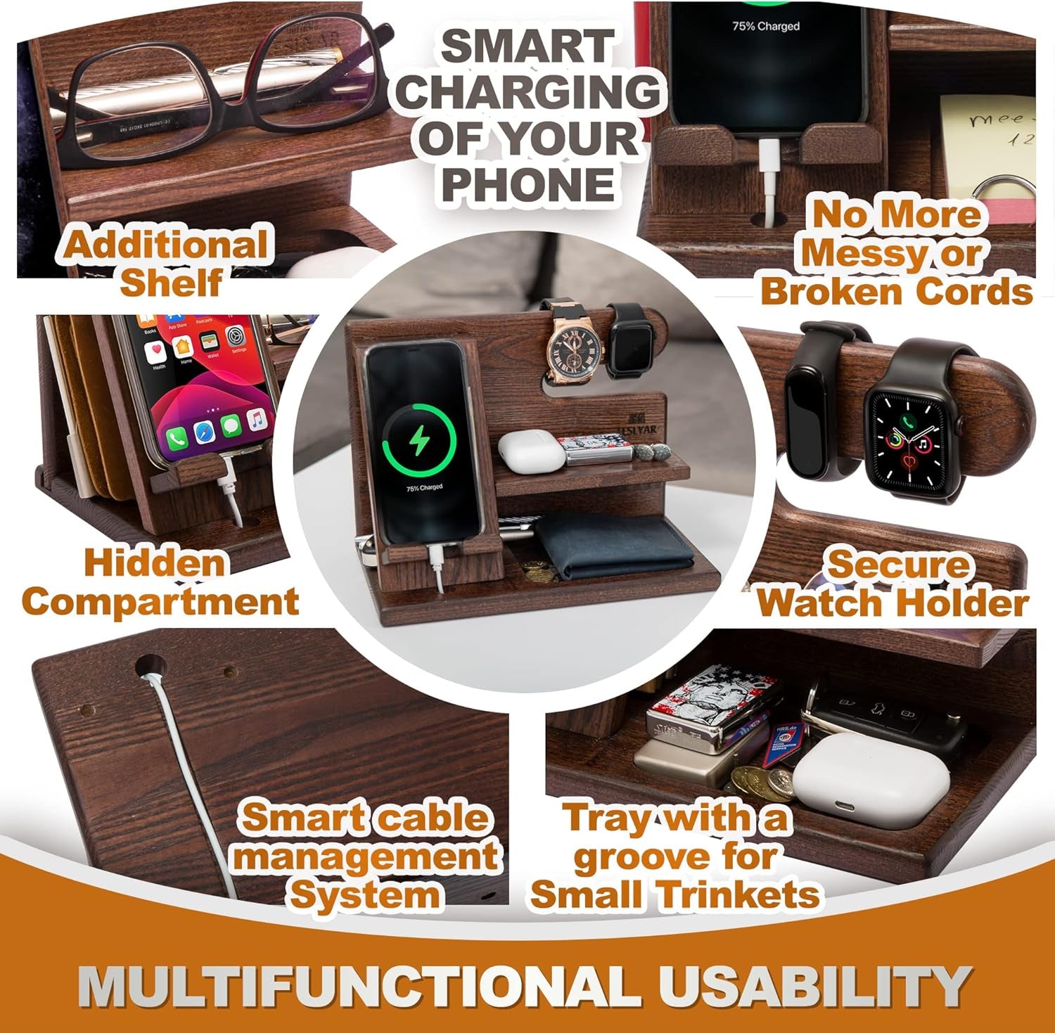 Wood Phone Docking Station - Nightstand Organizer - Desk Organizer for Husband - Birthday Gifts for Men, Dad - Idea for Anniversary from Wife - Key Holder - Stand Wallet & Watch (Deep Brown)