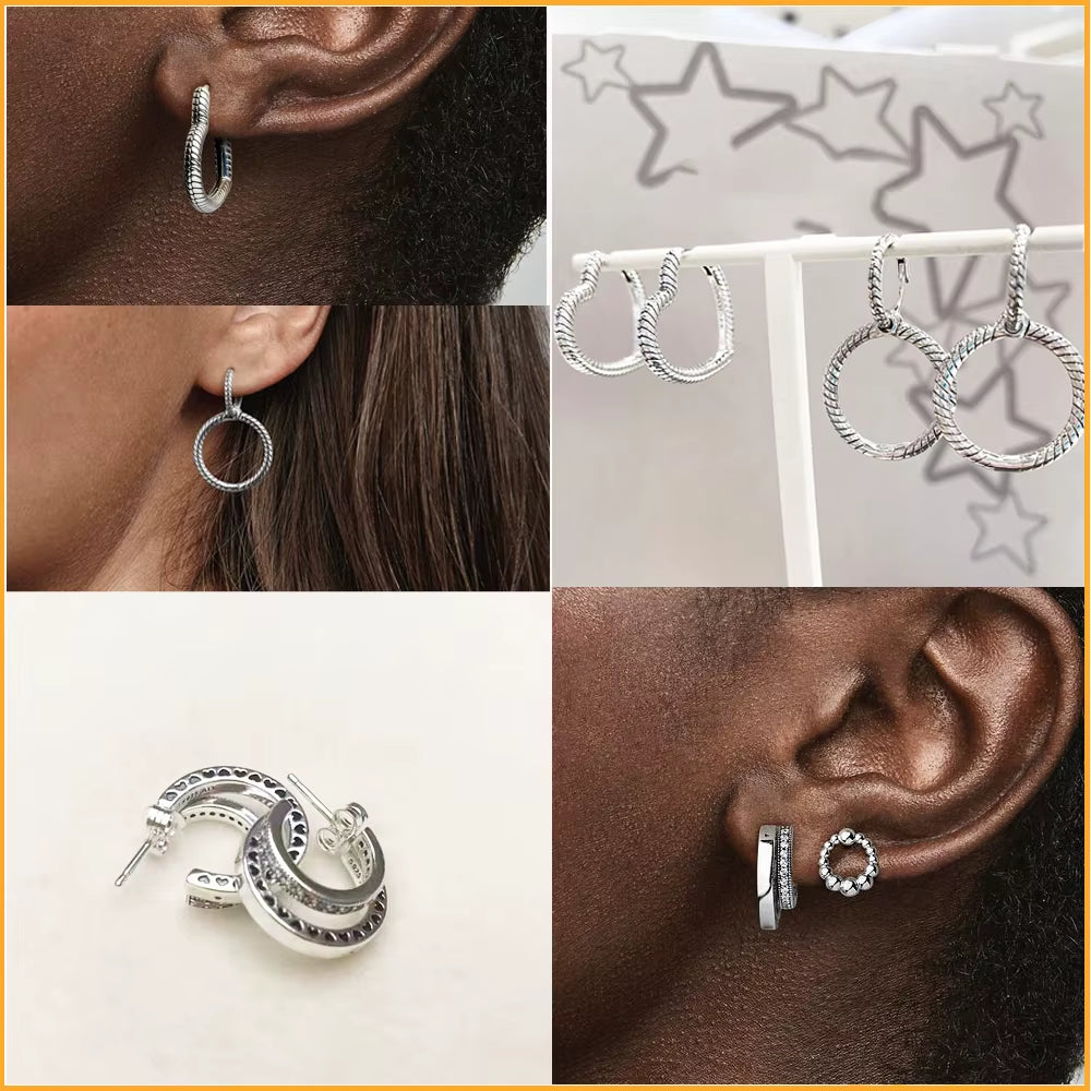 Original Authentic 925 Sterling Silver Earrings Sparkling Freehand Heart Hoop Plata Pandore Earrings Women Fashion Jewelry Gift