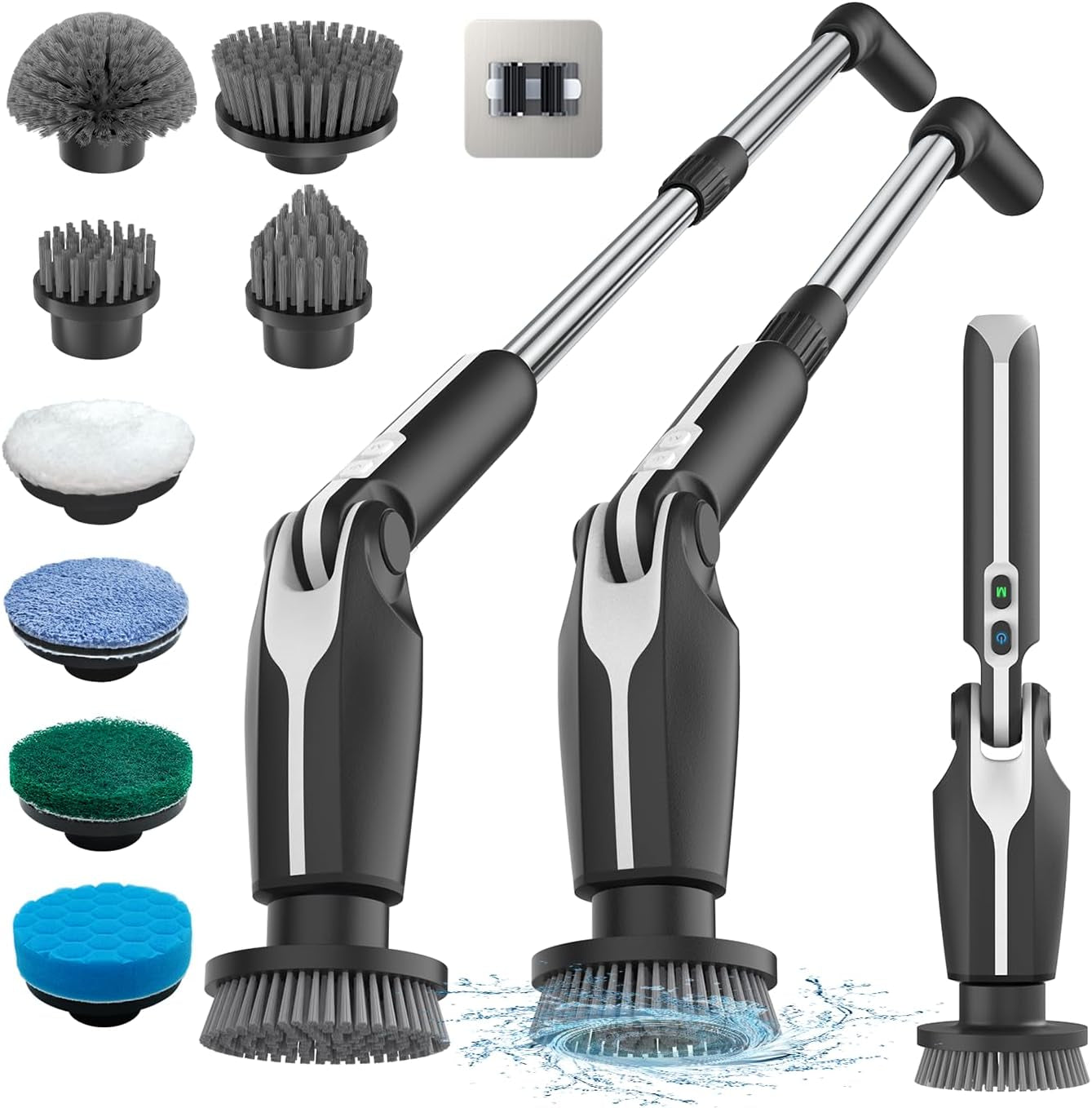 Electric Spin Scrubber, 2024 New Electric Scrubber with 4 Adjustable Angles and 8 Brush Heads, Shower Scrubber with Long Handle & Remote Control, Cleaning Brush for Bathroom, Tub, Floor(Black)